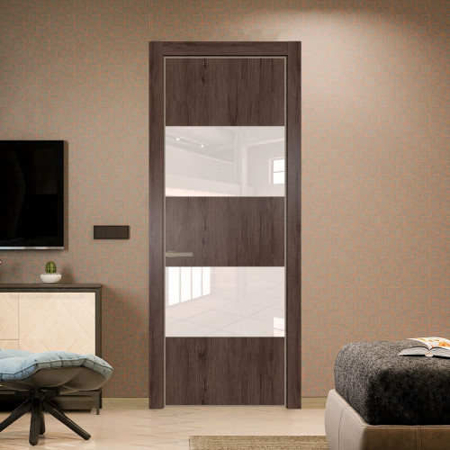 Межкомнатная дверь ProfilDoors 22 NE Дуб Тобакко с кромкой Никель с стекляной вставкой перламутровый лак