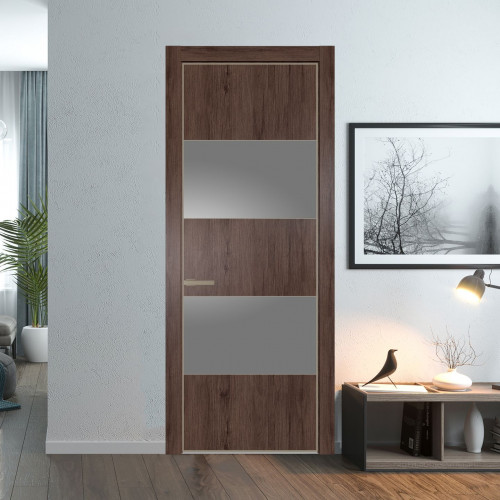 Межкомнатная дверь ProfilDoors 22 NE Дуб Тобакко с кромкой Никель с стекляной вставкой серебро матлак