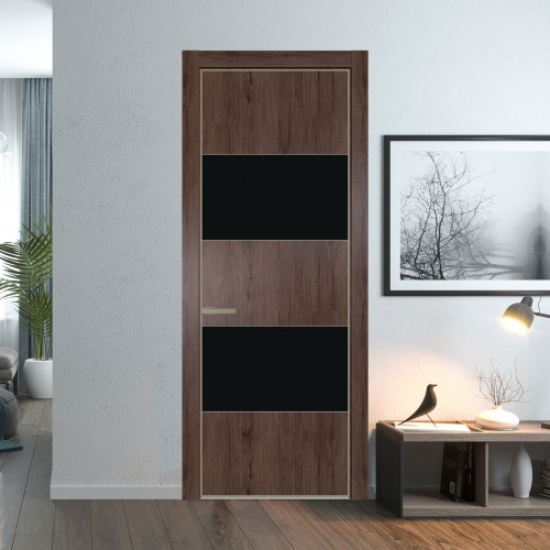 Межкомнатная дверь ProfilDoors 22 NE Дуб Тобакко с кромкой Никель с стекляной вставкой монохром черный