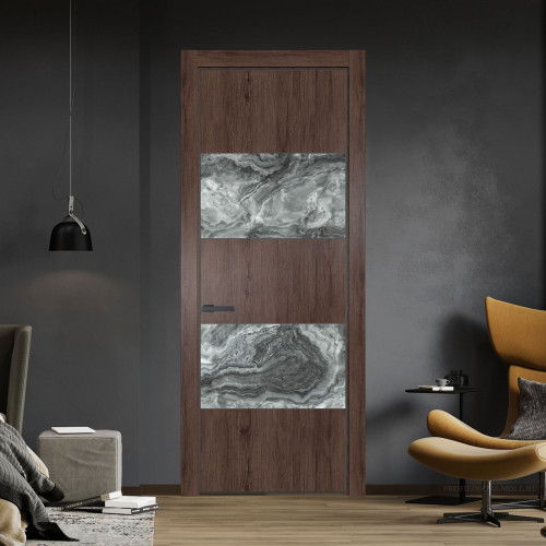 Межкомнатная дверь ProfilDoors 22 NE Дуб Тобакко с кромкой Серая Ночь с стекляной вставкой атриум серебро