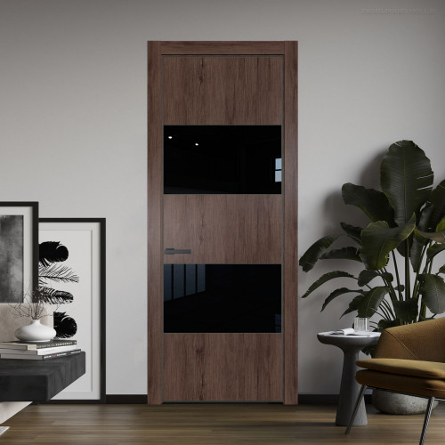 Межкомнатная дверь ProfilDoors 22 NE Дуб Тобакко с кромкой Серая Ночь с стекляной вставкой черный лак