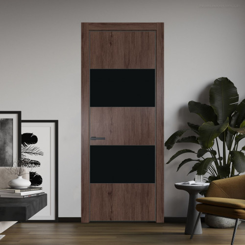 Межкомнатная дверь ProfilDoors 22 NE Дуб Тобакко с кромкой Серая Ночь с стекляной вставкой монохром черный