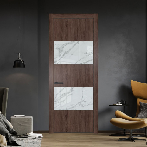 Межкомнатная дверь ProfilDoors 22 NE Дуб Тобакко с кромкой Серая Ночь с стекляной вставкой нефи белый узор серебро