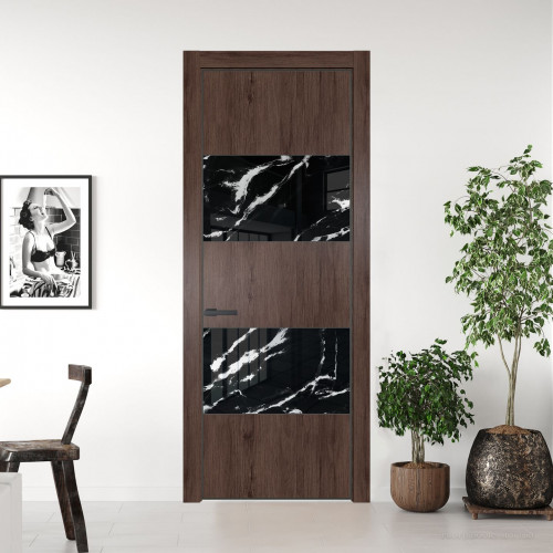 Межкомнатная дверь ProfilDoors 22 NE Дуб Тобакко с кромкой Серая Ночь с стекляной вставкой нефи черный узор серебро