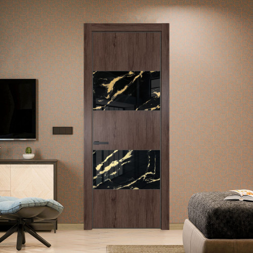 Межкомнатная дверь ProfilDoors 22 NE Дуб Тобакко с кромкой Серая Ночь с стекляной вставкой нефи черный узор золото