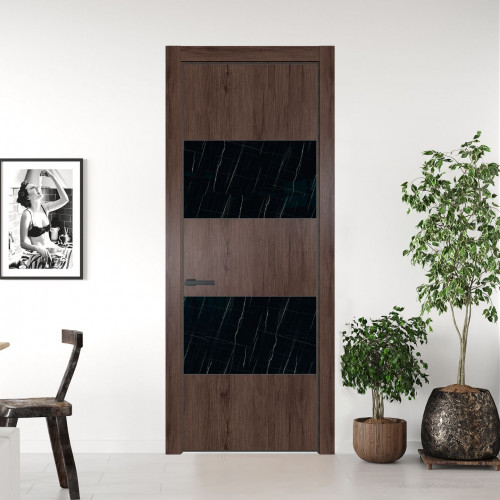 Межкомнатная дверь ProfilDoors 22 NE Дуб Тобакко с кромкой Серая Ночь с стекляной вставкой неро мрамор