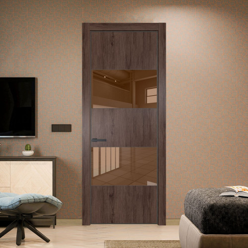 Межкомнатная дверь ProfilDoors 22 NE Дуб Тобакко с кромкой Серая Ночь с стекляной вставкой зеркало bronze