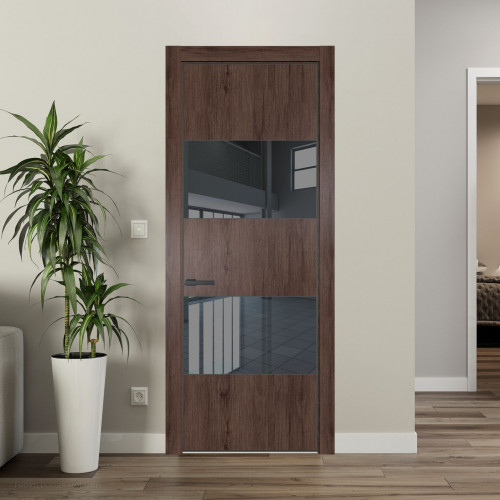 Межкомнатная дверь ProfilDoors 22 NE Дуб Тобакко с кромкой Серая Ночь с стекляной вставкой зеркало grey