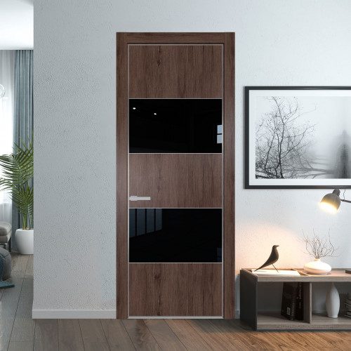 Межкомнатная дверь ProfilDoors 22 NE Дуб Тобакко с кромкой Серебро с стекляной вставкой черный лак