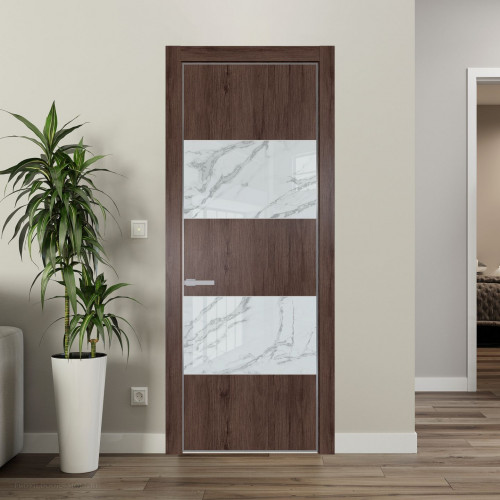 Межкомнатная дверь ProfilDoors 22 NE Дуб Тобакко с кромкой Серебро с стекляной вставкой нефи белый узор серебро