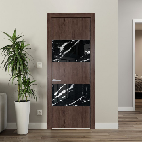 Межкомнатная дверь ProfilDoors 22 NE Дуб Тобакко с кромкой Серебро с стекляной вставкой нефи черный узор серебро