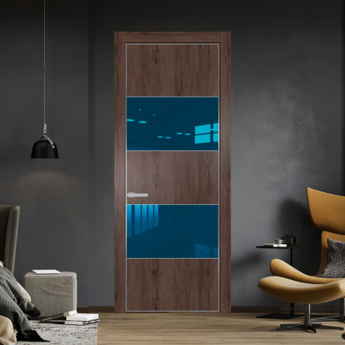 Межкомнатная дверь ProfilDoors 22 NE Дуб Тобакко с кромкой Серебро с стекляной вставкой зеркало blue