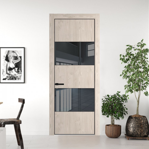 Межкомнатная дверь ProfilDoors 22 NE Каштан светлый с кромкой Черный с стекляной вставкой зеркало grey