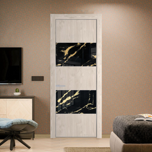 Межкомнатная дверь ProfilDoors 22 NE Каштан светлый с кромкой Серебро с стекляной вставкой нефи черный узор золото