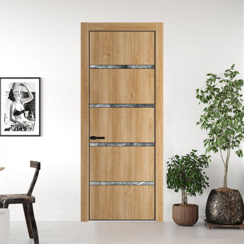 Межкомнатная дверь ProfilDoors 23 NE Дуб Карамель с кромкой Черный с стекляной вставкой атриум серебро