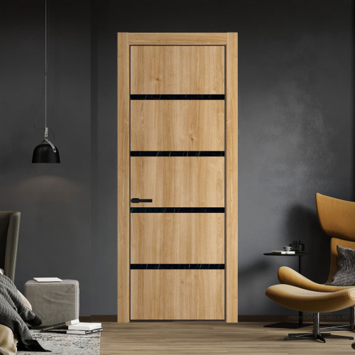 Межкомнатная дверь ProfilDoors 23 NE Дуб Карамель с кромкой Черный с стекляной вставкой неро мрамор