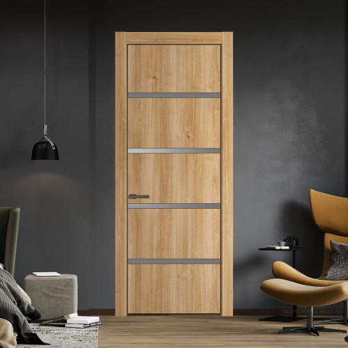 Межкомнатная дверь ProfilDoors 23 NE Дуб Карамель с кромкой Деорэ с стекляной вставкой серебро матлак