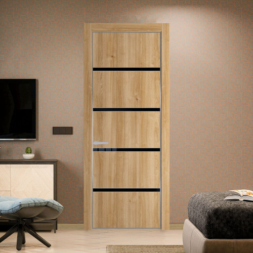 Межкомнатная дверь ProfilDoors 23 NE Дуб Карамель с кромкой Серебро с стекляной вставкой черный лак