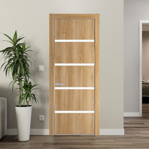 Межкомнатная дверь ProfilDoors 23 NE Дуб Карамель с кромкой Серебро с стекляной вставкой монохром белый просветленный
