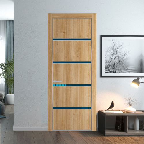 Межкомнатная дверь ProfilDoors 23 NE Дуб Карамель с кромкой Серебро с стекляной вставкой зеркало blue