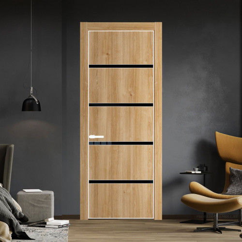 Межкомнатная дверь ProfilDoors 23 NE Дуб Карамель с кромкой Вайт с стекляной вставкой черный лак
