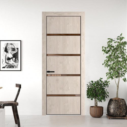 Межкомнатная дверь ProfilDoors 23 NE Каштан светлый с кромкой Черный с стекляной вставкой зеркало bronze
