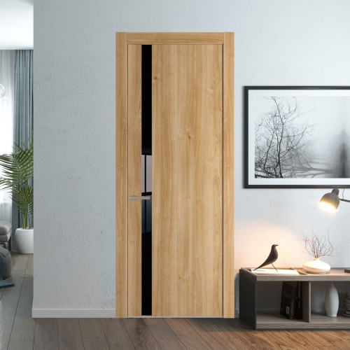 Межкомнатная дверь ProfilDoors 18 NW Дуб Карамель молдинг Никель матовый стекло Lacobel Черный лак