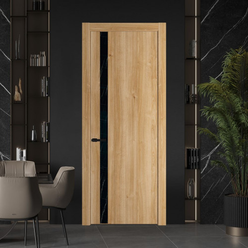 Межкомнатная дверь ProfilDoors 18 NW Дуб Карамель молдинг Черный матовый стекло Неро мрамор