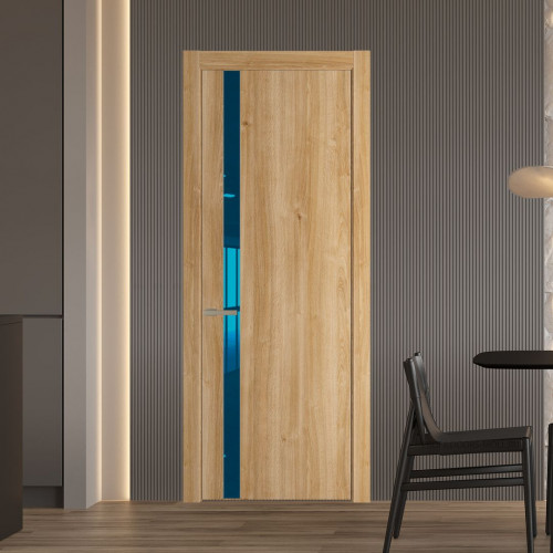 Межкомнатная дверь ProfilDoors 18 NW Дуб Карамель молдинг Никель матовый стекло Зеркало Blue