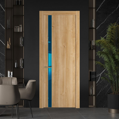 Межкомнатная дверь ProfilDoors 18 NW Дуб Карамель молдинг Золото стекло Зеркало Blue