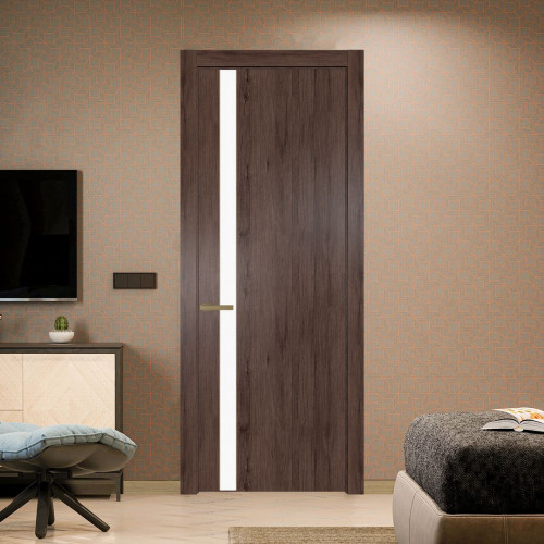 Межкомнатная дверь ProfilDoors 18 NW Дуб Тобакко молдинг Золото стекло Монохром белый просветленный