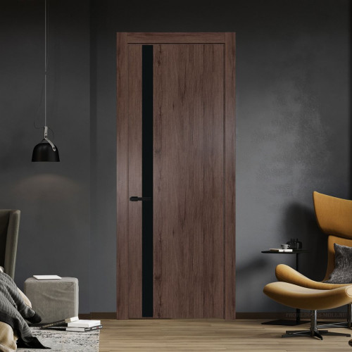 Межкомнатная дверь ProfilDoors 18 NW Дуб Тобакко молдинг Черный матовый стекло Монохром черный