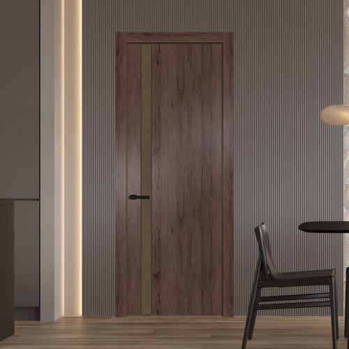 Межкомнатная дверь ProfilDoors 18 NW Дуб Тобакко молдинг Черный матовый стекло Монохром гляссе