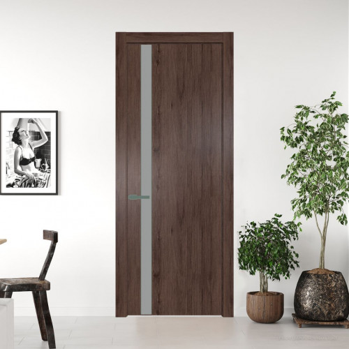 Межкомнатная дверь ProfilDoors 18 NW Дуб Тобакко молдинг Зеленый воск стекло Монохром серый