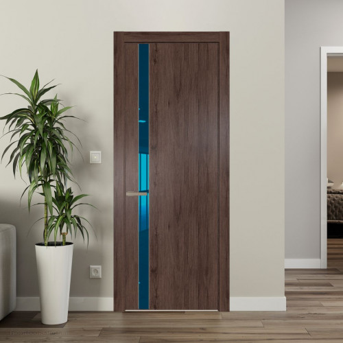 Межкомнатная дверь ProfilDoors 18 NW Дуб Тобакко молдинг Никель матовый стекло Зеркало Blue