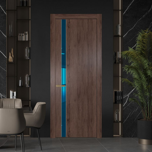 Межкомнатная дверь ProfilDoors 18 NW Дуб Тобакко молдинг Золото стекло Зеркало Blue