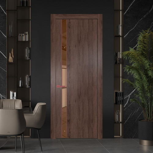 Межкомнатная дверь ProfilDoors 18 NW Дуб Тобакко молдинг Красный антрацит стекло Зеркало Bronza