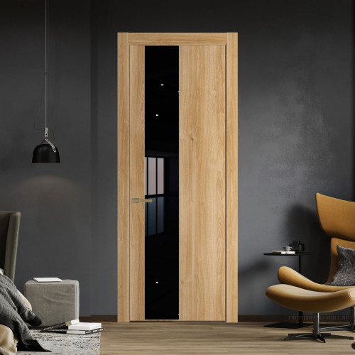 Межкомнатная дверь ProfilDoors 19 NW Дуб Карамель молдинг Золото стекло Lacobel Черный лак