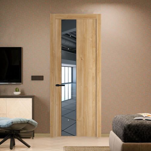 Межкомнатная дверь ProfilDoors 19 NW Дуб Карамель молдинг Черный матовый стекло Зеркало