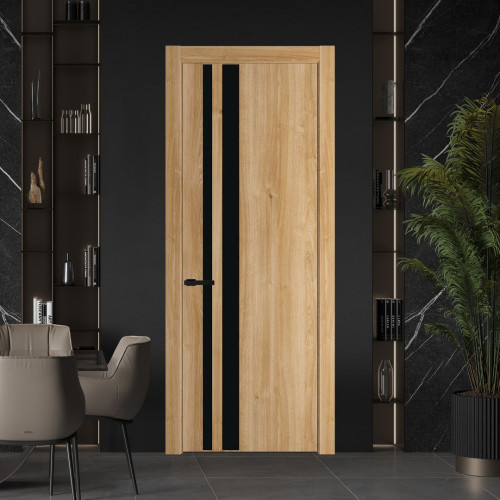 Межкомнатная дверь ProfilDoors 20 NW Дуб Карамель молдинг Черный матовый стекло Монохром черный