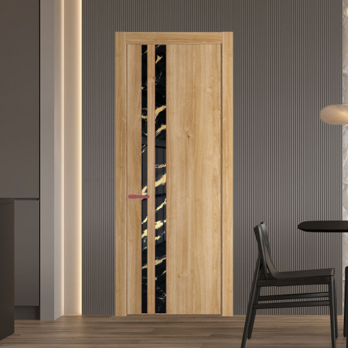 Межкомнатная дверь ProfilDoors 20 NW Дуб Карамель молдинг Красный антрацит стекло Нефи черный узор золото