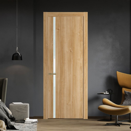 Межкомнатная дверь ProfilDoors 21 NW Дуб Карамель молдинг Золото стекло Lacobel Белый лак