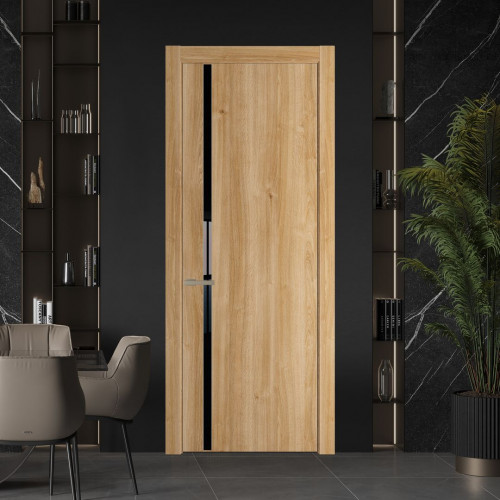 Межкомнатная дверь ProfilDoors 21 NW Дуб Карамель молдинг Никель матовый стекло Lacobel Черный лак