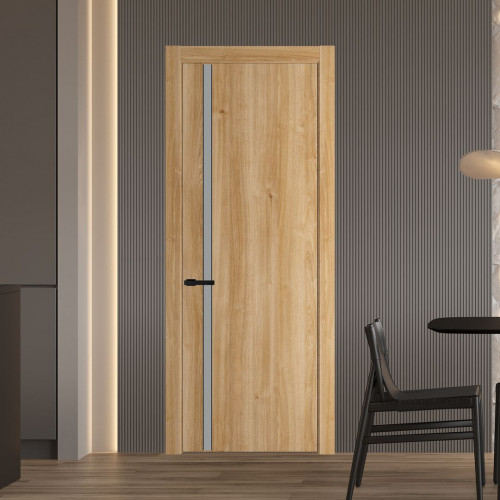 Межкомнатная дверь ProfilDoors 21 NW Дуб Карамель молдинг Черный матовый стекло Монохром серый