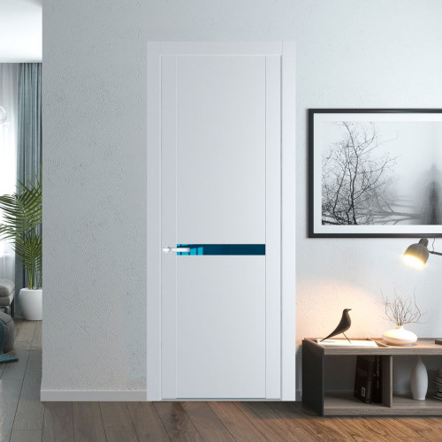 Межкомнатная дверь ProfilDoors 1.4P.O Вайт Зеркало Blue молдинг Серебро