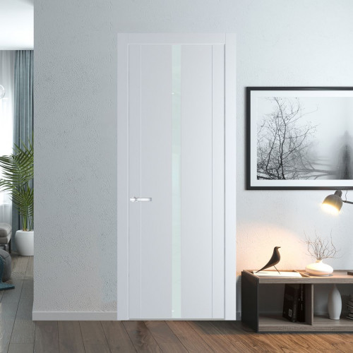 Межкомнатная дверь ProfilDoors 1.8P Вайт Lacobel Белый лак молдинг Серебро