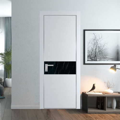 Межкомнатная дверь ProfilDoors 17 PA Вайт с профилем Серебро с стеклом  неро мрамор