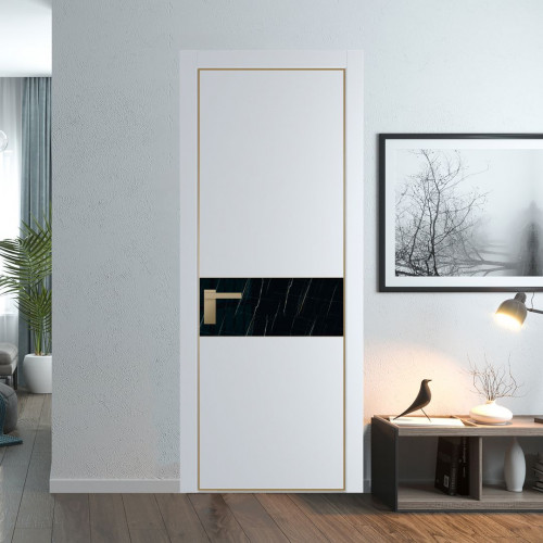 Межкомнатная дверь ProfilDoors 17 PA Вайт с профилем Золото с стеклом  неро мрамор