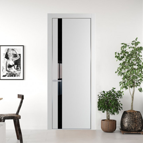 Межкомнатная дверь ProfilDoors 18 PA Крем вайт с профилем Серебро с стеклом Lacobel Черный лак