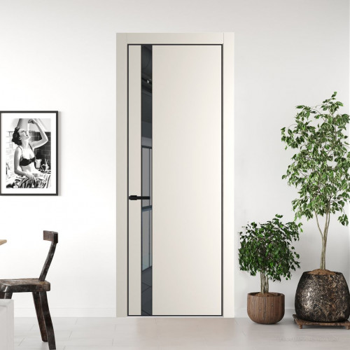 Межкомнатная дверь ProfilDoors 18 PA Перламутр белый с профилем Черный с стеклом  зеркало grey